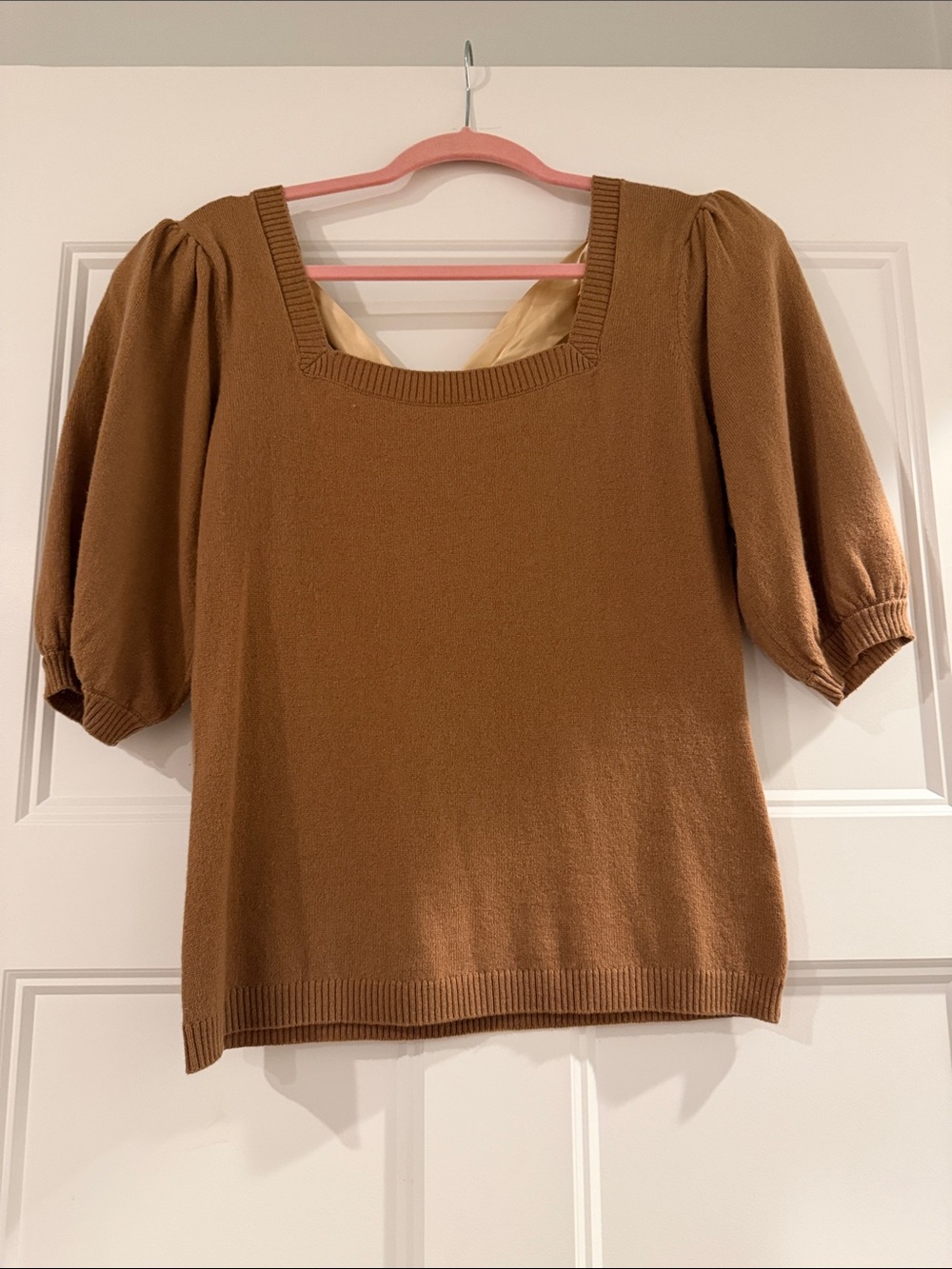 Cashmere Puff Sleeve Square Neck Knit Top w/ Satin Back Bow — Brown/Beige